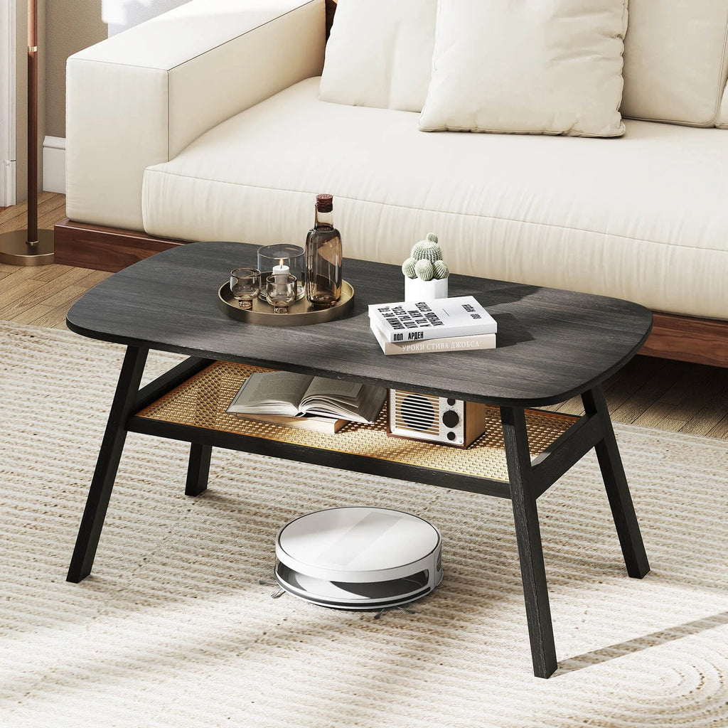39.5" Farmhouse Coffee Table with Storage Shelf – Rattan & Wood