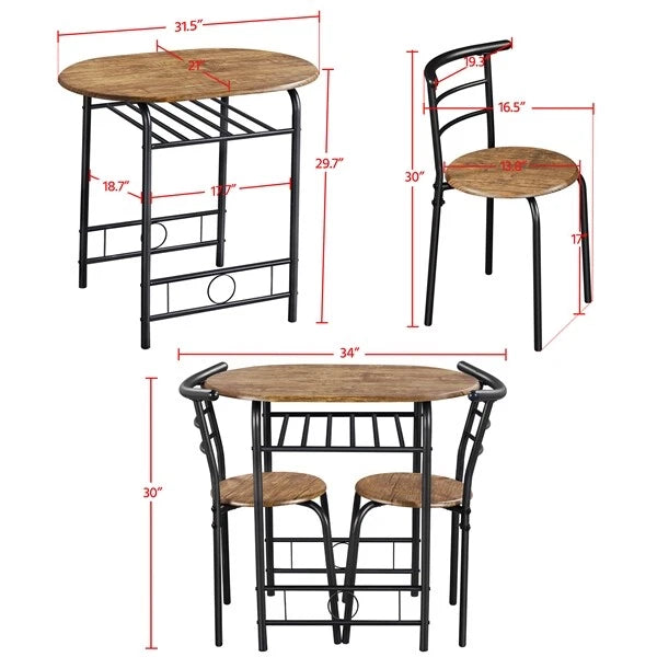 3-Piece Oval Dining Table Set w/ 2 Chairs, Storage Shelf, Small Space Kitchen