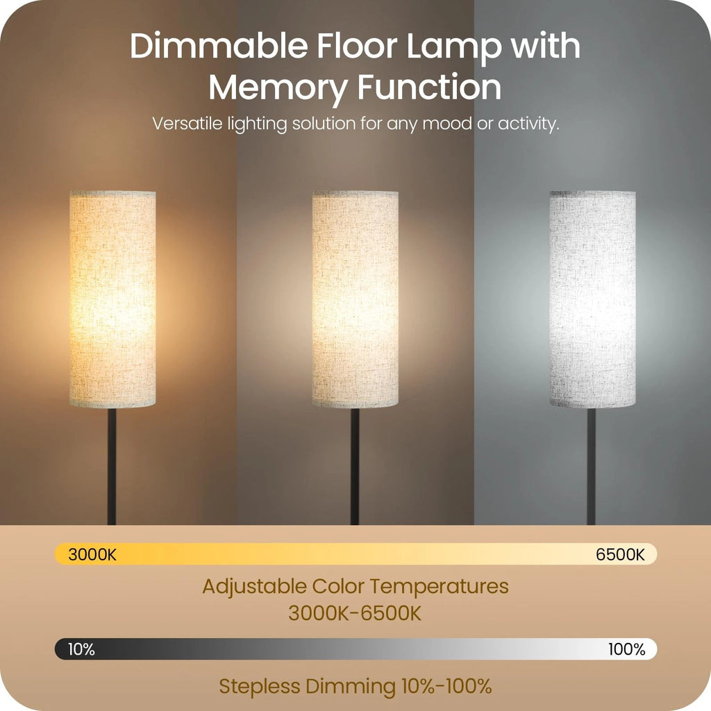64.4" Modern LED Floor Lamp with Remote Control & Foot Switch, Dimmable Standing Floor Lamp for Living Room, Bedroom, Office, Linen Shade, E26 Bulb Included