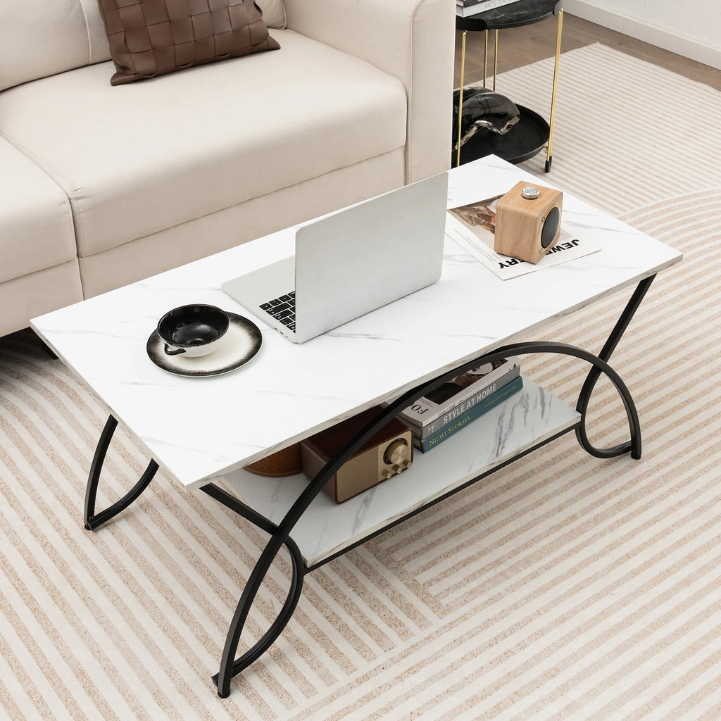 2-Tier Industrial Coffee Table – Rectangular Cocktail Table with Storage Shelf, White