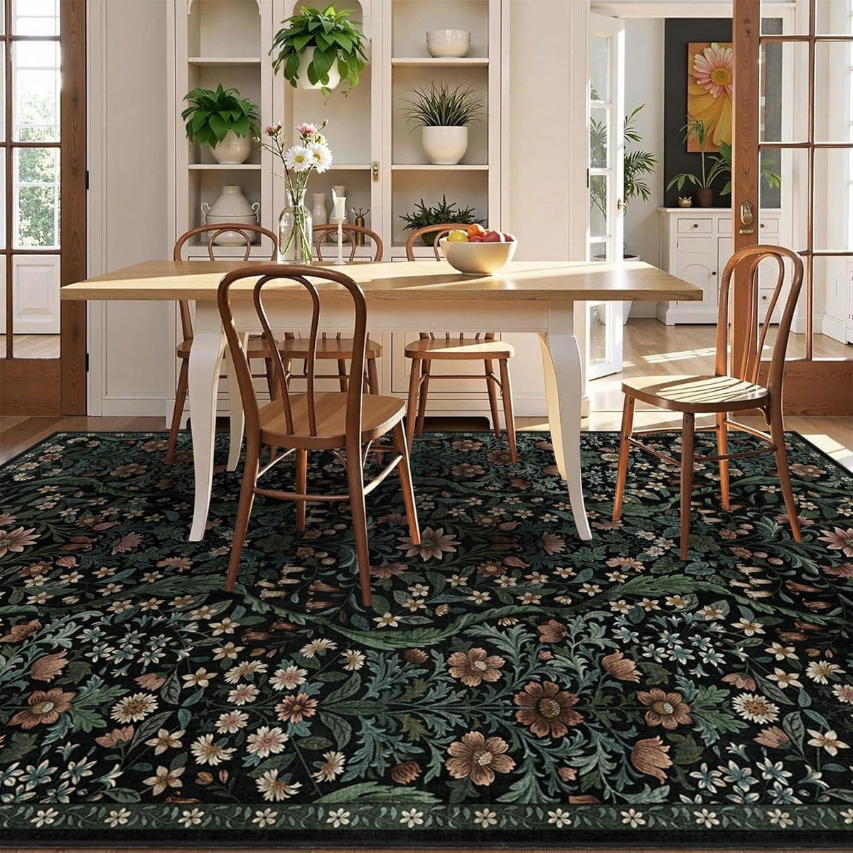 Botanical Floral Area Rug 5x7 – Soft Machine Washable Non-Slip Rug for Living Room, Bedroom, Dining & Kids Room