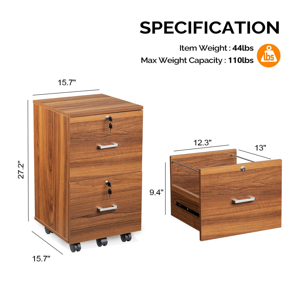 Mobile Lateral File Cabinet 2-Drawer Wood Home Office Craft Room