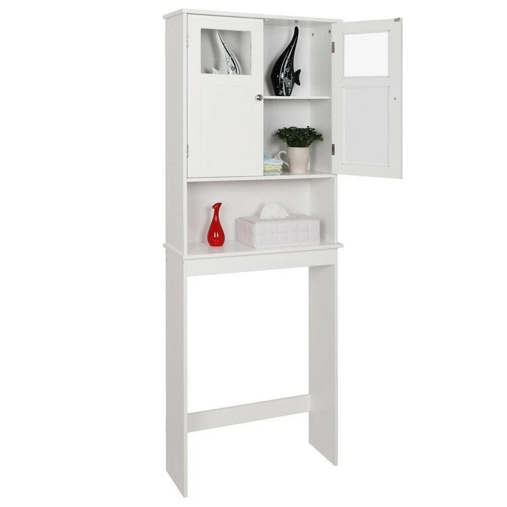 Modern White Freestanding Bathroom Storage Cabinet – Tall Double-Door MDF Organizer with Adjustable Shelves