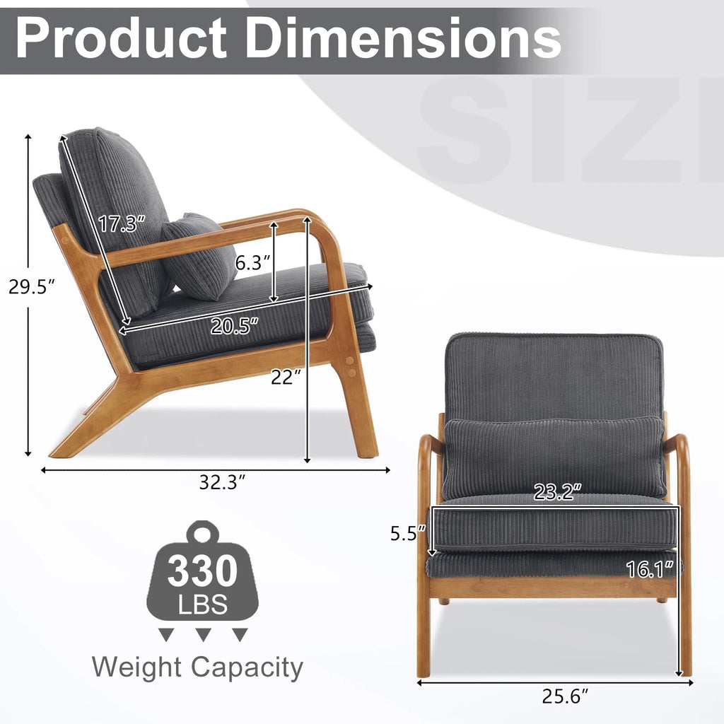 Mid-Century Modern Accent Chair – Corduroy Upholstered Lounge Chair with Curved Wood Arms, Includes Back Pillow,