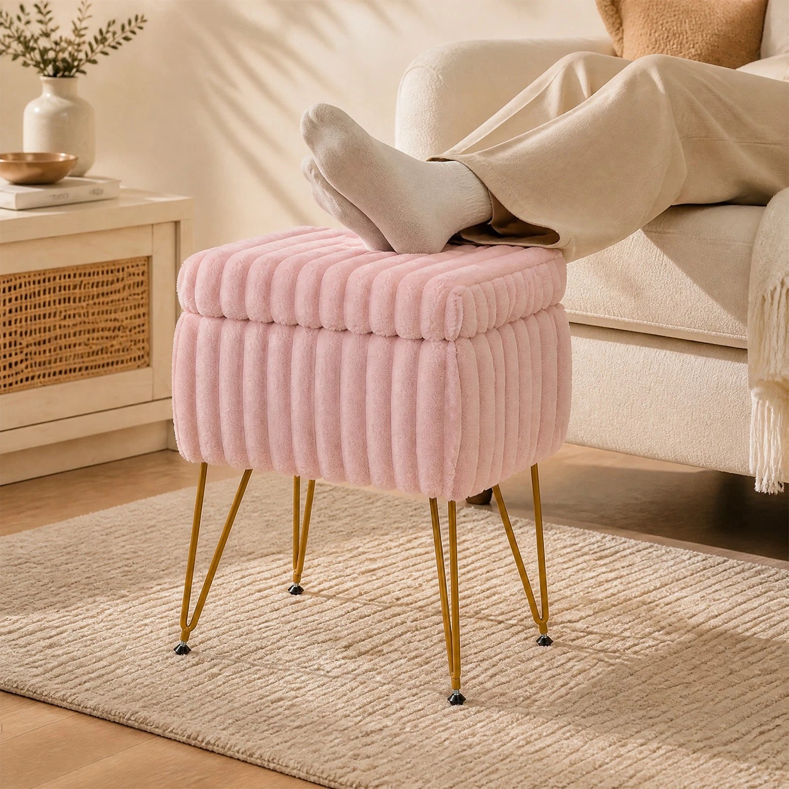 Pink & Gold Vanity Stool with Storage – Plush Seat, Reversible Lid