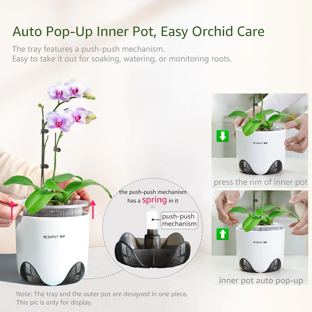 5" Orchid Pot with Drainage Holes - Double Layer Plastic Planter, Ceramic-Look Design