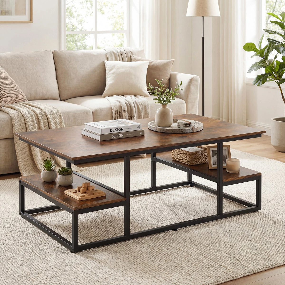 Rustic Coffee Table with Storage Shelves – Modern Rectangular Center Table