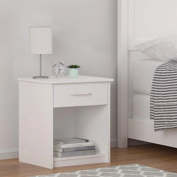 Set of 2 Modern White Nightstands – Bedside End Tables with Drawer & Open Shelf Storage