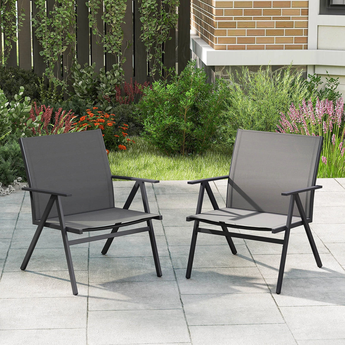 Metal Patio Chairs Set of 2 – Breathable Mesh, Reclined Backrest, Gray