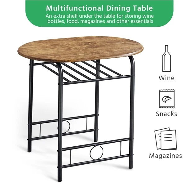 3-Piece Oval Dining Table Set w/ 2 Chairs, Storage Shelf, Small Space Kitchen