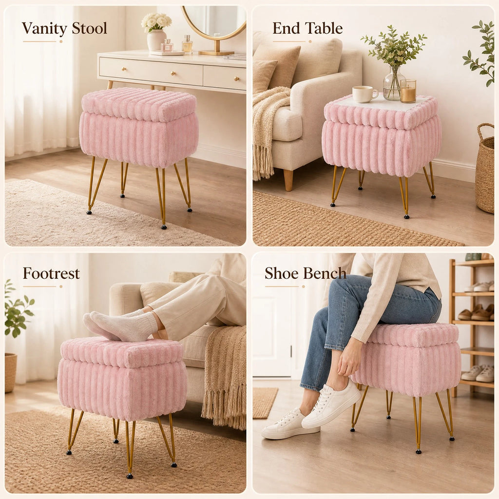 Pink & Gold Vanity Stool with Storage – Plush Seat, Reversible Lid