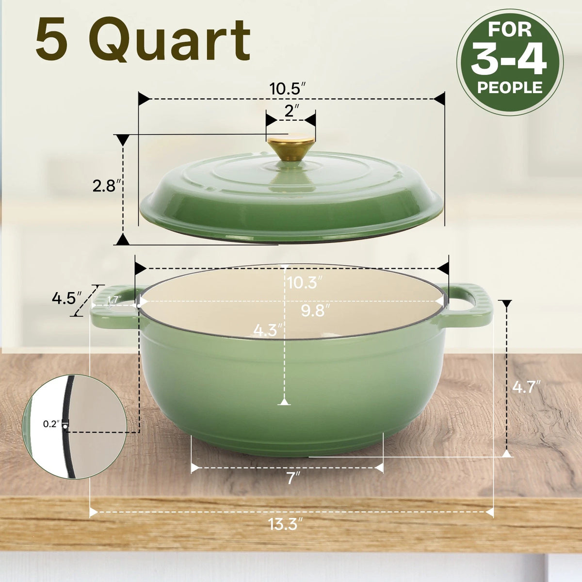 5QT Green Enameled Cast Iron Dutch Oven with Lid – Oven-Safe Round Pot for Bread, Stews & Braising