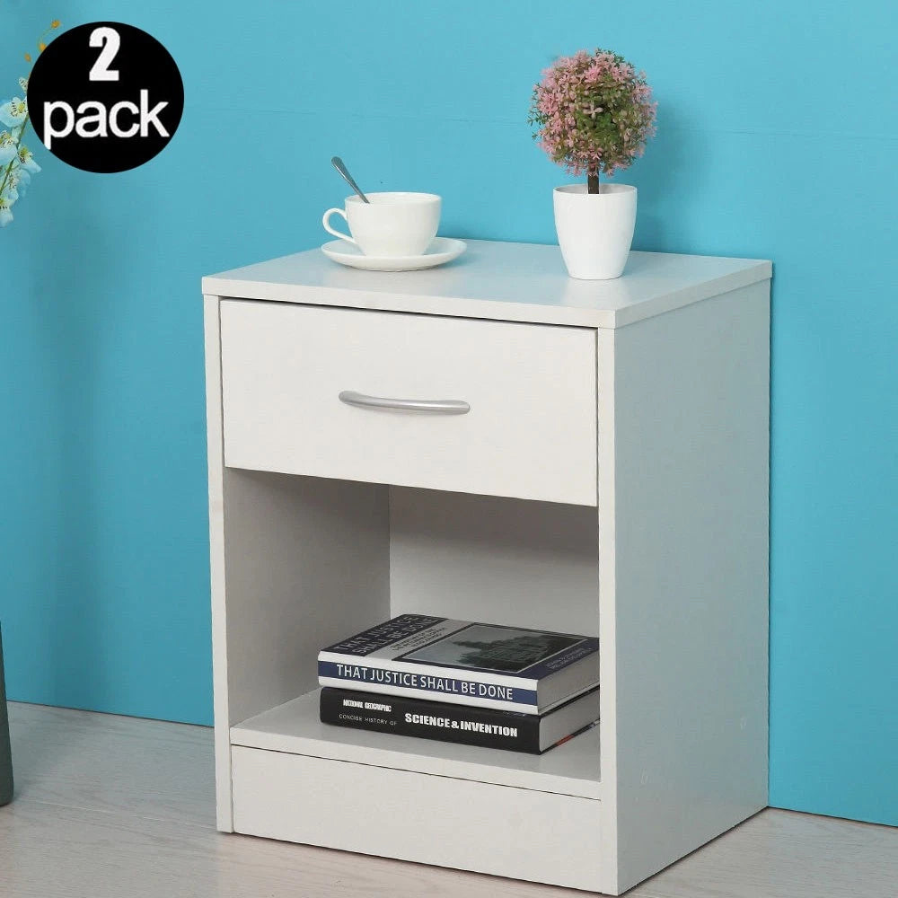 Set of 2 Modern White Nightstands – Bedside End Tables with Drawer & Open Shelf Storage