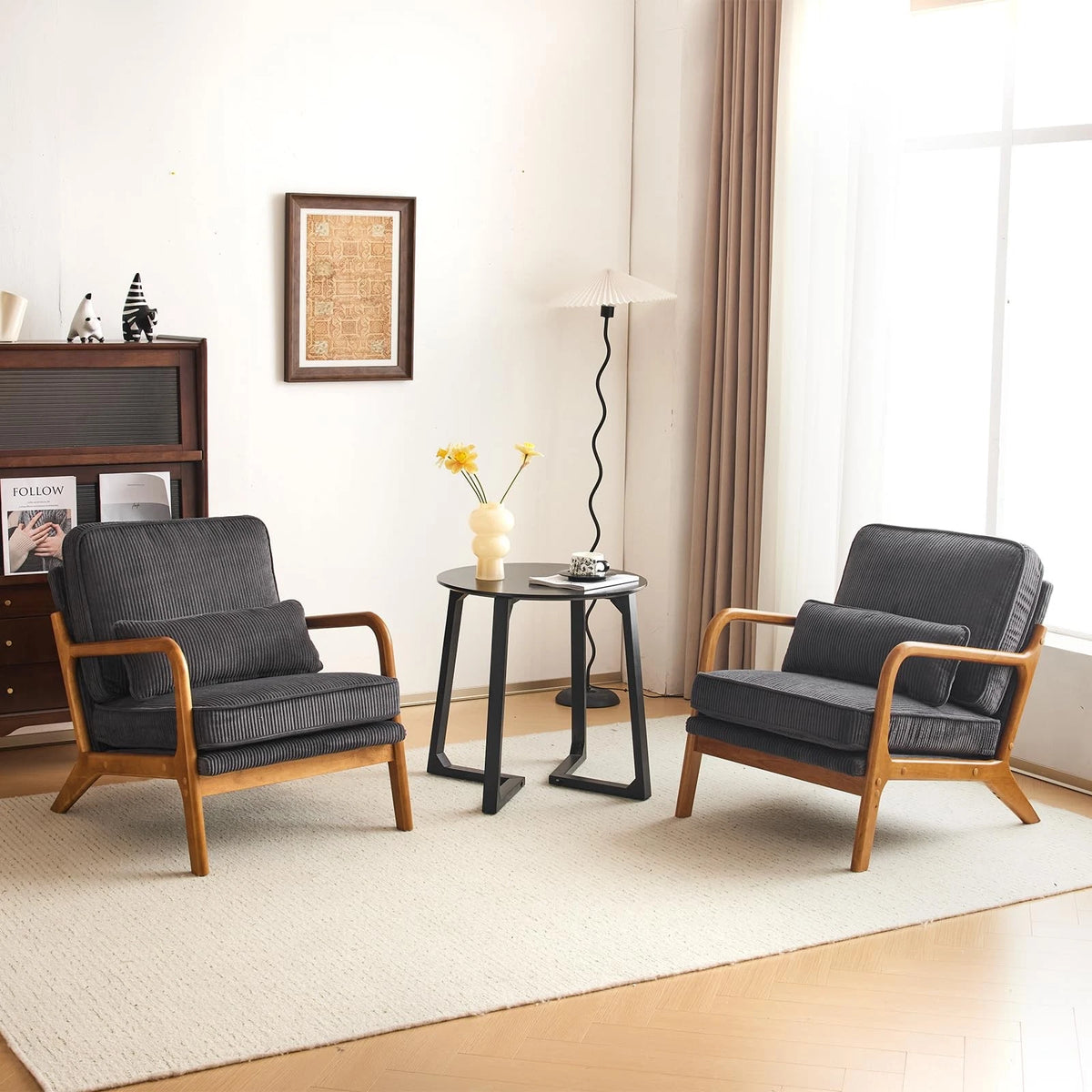 Mid-Century Modern Accent Chair – Corduroy Upholstered Lounge Chair with Curved Wood Arms, Includes Back Pillow,