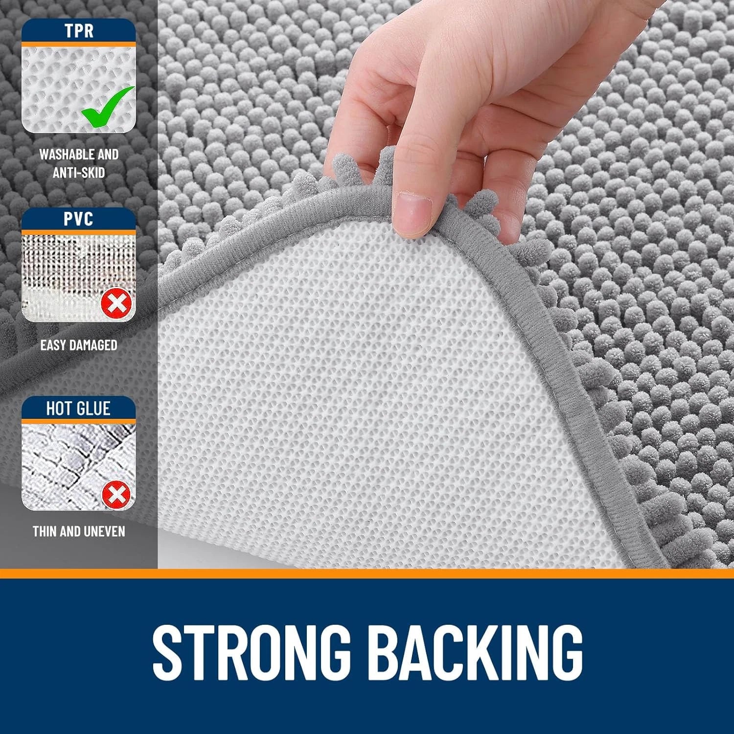 Chenille Bath Mat 30" x 20" Grey Non-Slip Absorbent Fluffy Bathroom Rug