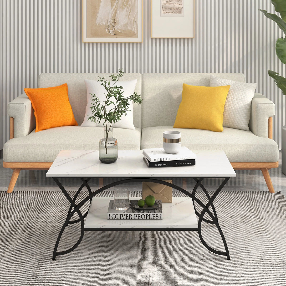 2-Tier Industrial Coffee Table – Rectangular Cocktail Table with Storage Shelf, White