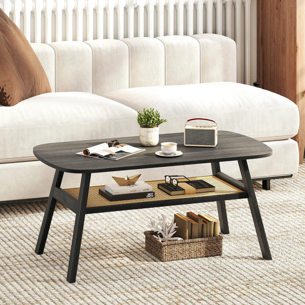 39.5" Farmhouse Coffee Table with Storage Shelf – Rattan & Wood