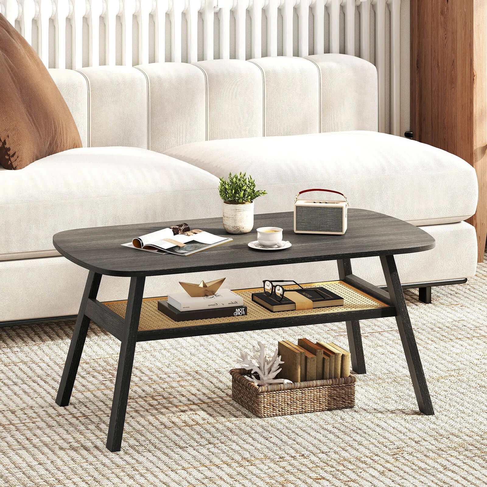 39.5" Farmhouse Coffee Table with Storage Shelf – Rattan & Wood