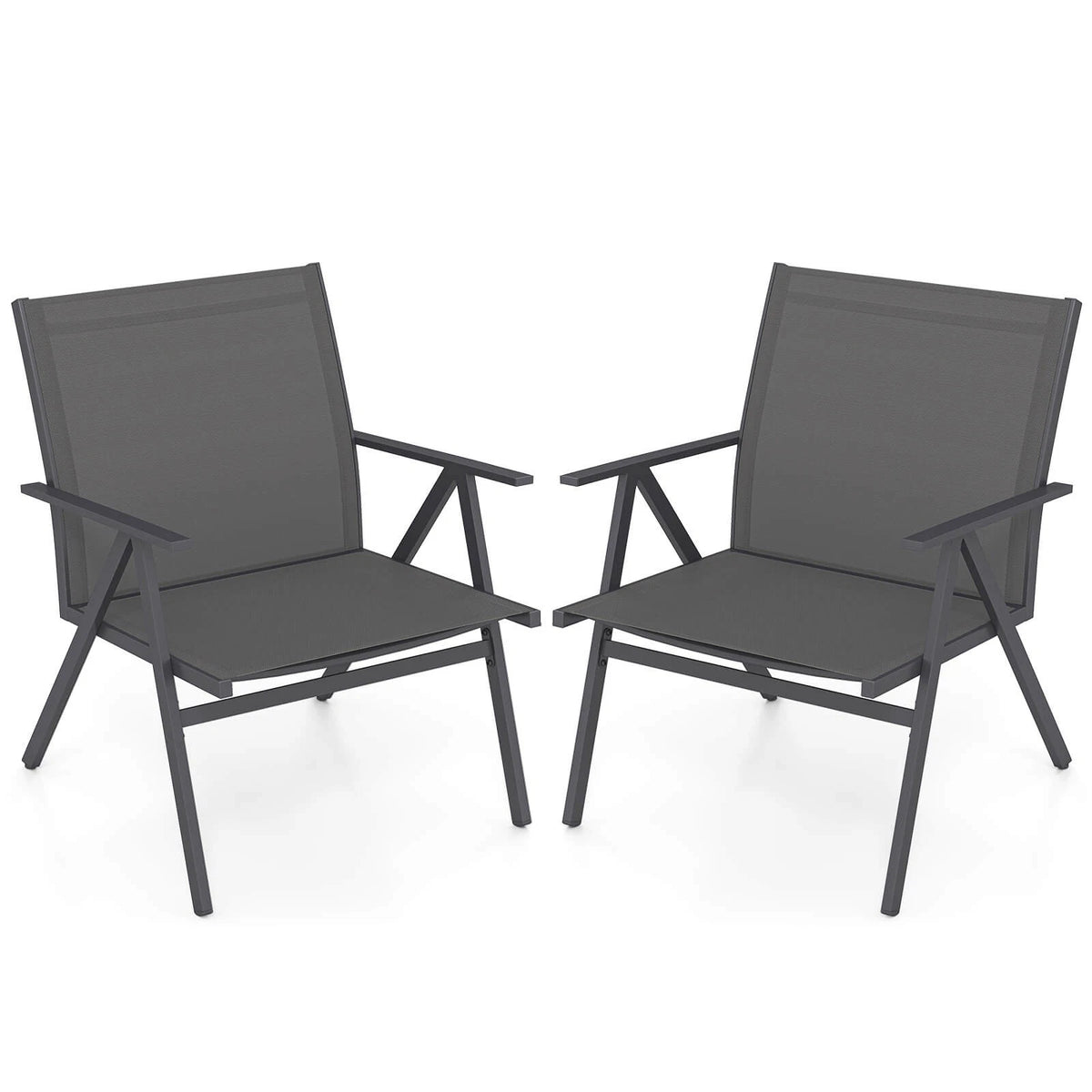 Metal Patio Chairs Set of 2 – Breathable Mesh, Reclined Backrest, Gray