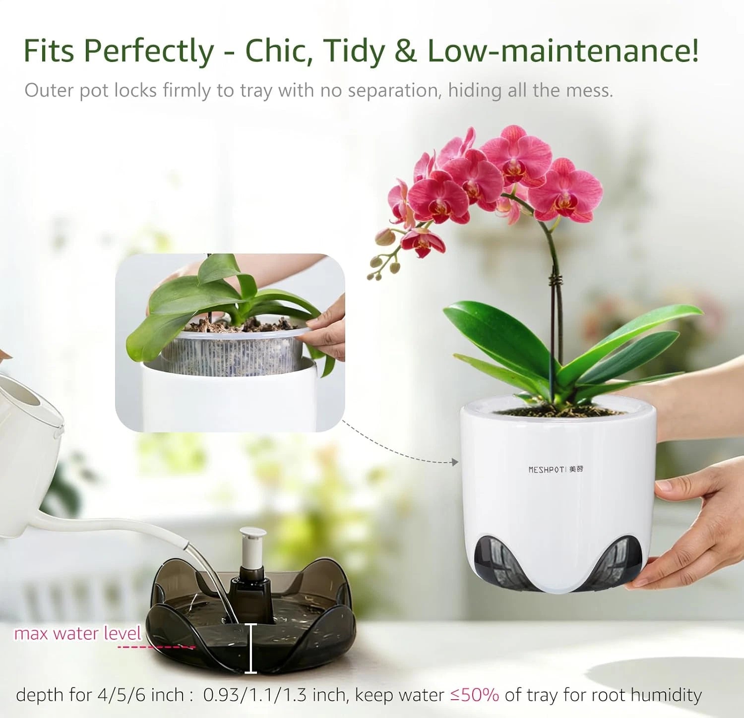 5" Orchid Pot with Drainage Holes - Double Layer Plastic Planter, Ceramic-Look Design