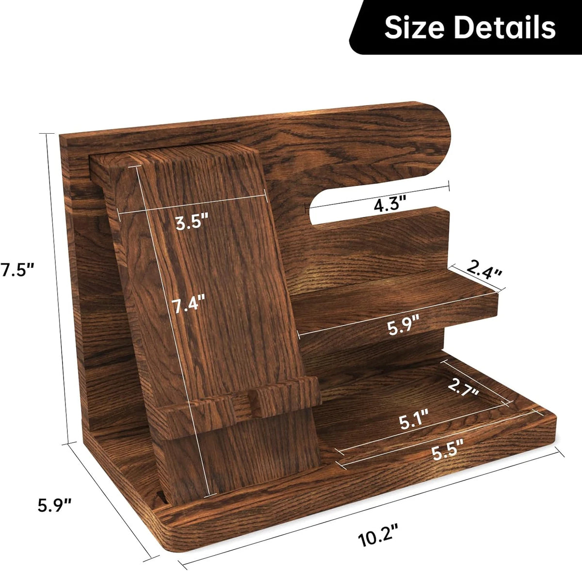 Wooden Phone Docking Station Nightstand Organizer for Men with Phone Holder, Wallet, Keys & Watch Storage, Rustic Bedside Desk Organizer