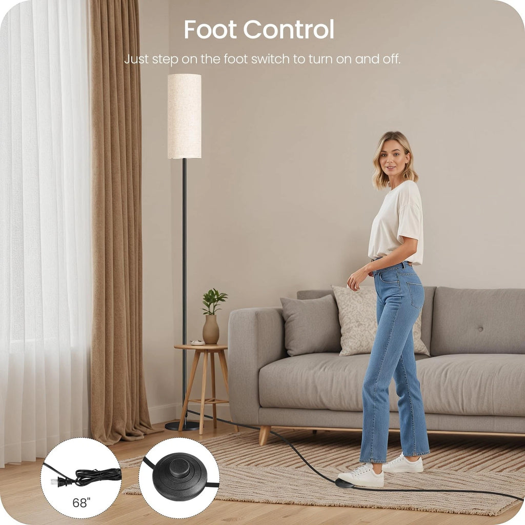 64.4" Modern LED Floor Lamp with Remote Control & Foot Switch, Dimmable Standing Floor Lamp for Living Room, Bedroom, Office, Linen Shade, E26 Bulb Included