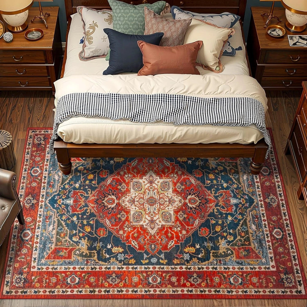 Vintage Medallion Area Rug 4x6 – Machine Washable Non-Slip Floral Living Room Rug, Soft Faux Wool