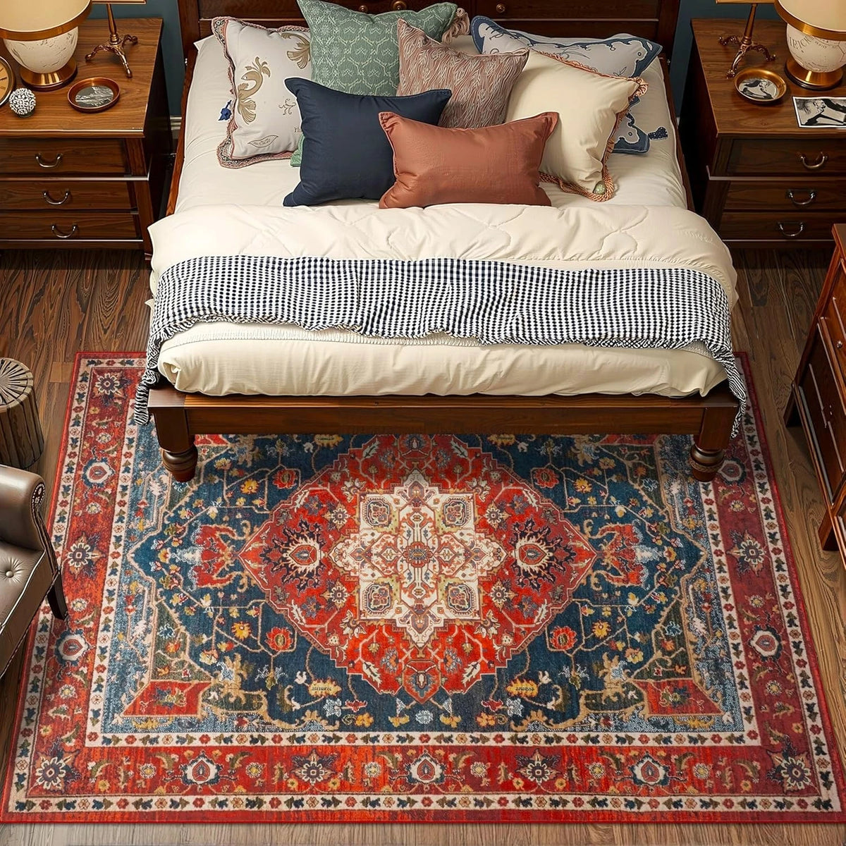 Vintage Medallion Area Rug 4x6 – Machine Washable Non-Slip Floral Living Room Rug, Soft Faux Wool