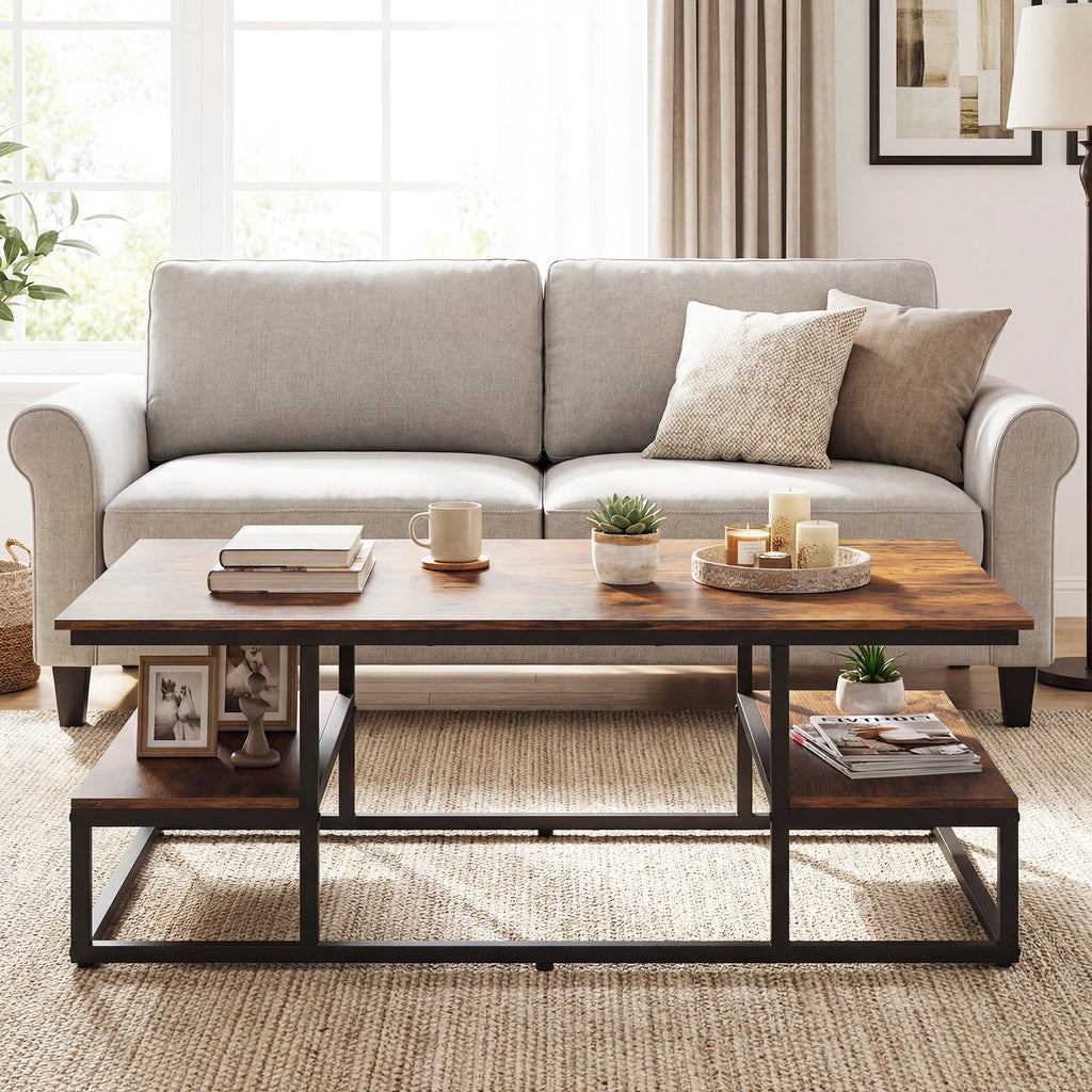 Rustic Coffee Table with Storage Shelves – Modern Rectangular Center Table