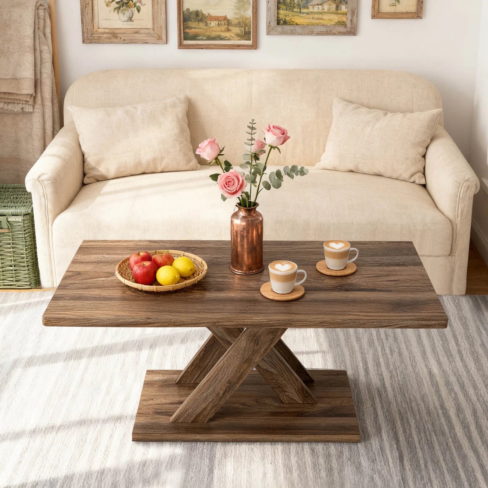 37.5" Modern Coffee Table – Rustic Wood, Stable Base