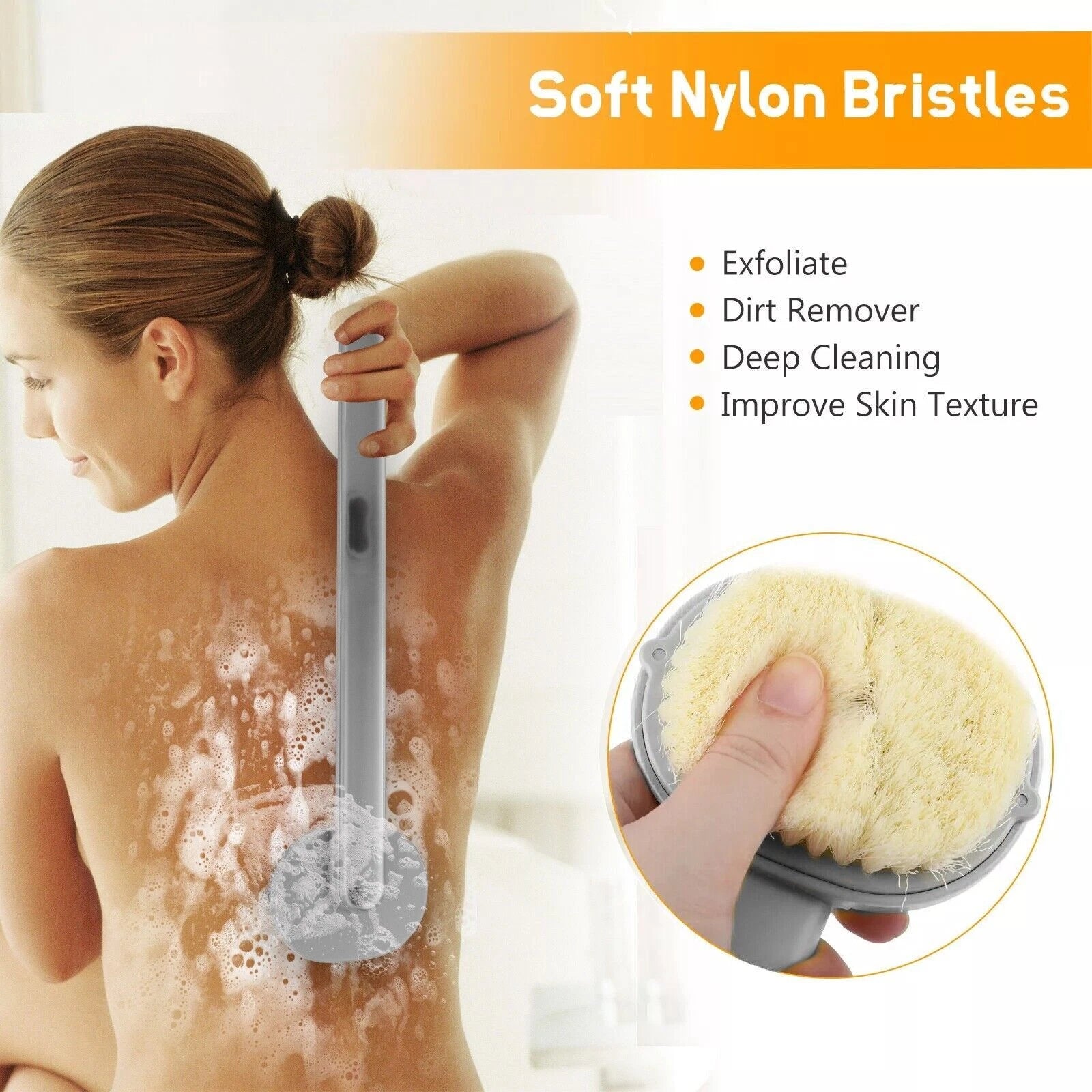 Back Scrubber Long Handle Bath Brush Liquid Soap Dispenser Body Exfoliator