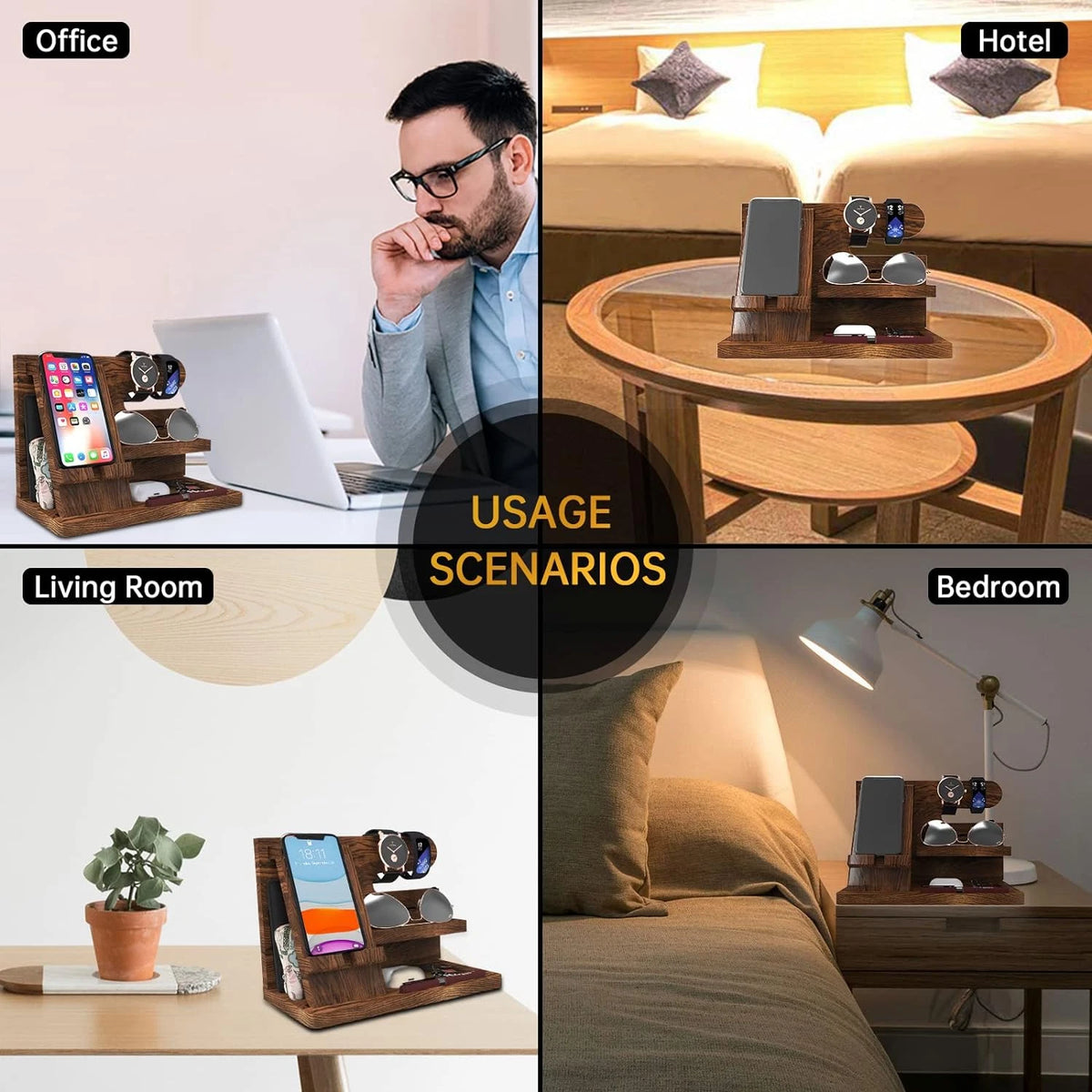 Wooden Phone Docking Station Nightstand Organizer for Men with Phone Holder, Wallet, Keys & Watch Storage, Rustic Bedside Desk Organizer