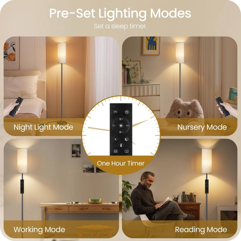 64.4" Modern LED Floor Lamp with Remote Control & Foot Switch, Dimmable Standing Floor Lamp for Living Room, Bedroom, Office, Linen Shade, E26 Bulb Included