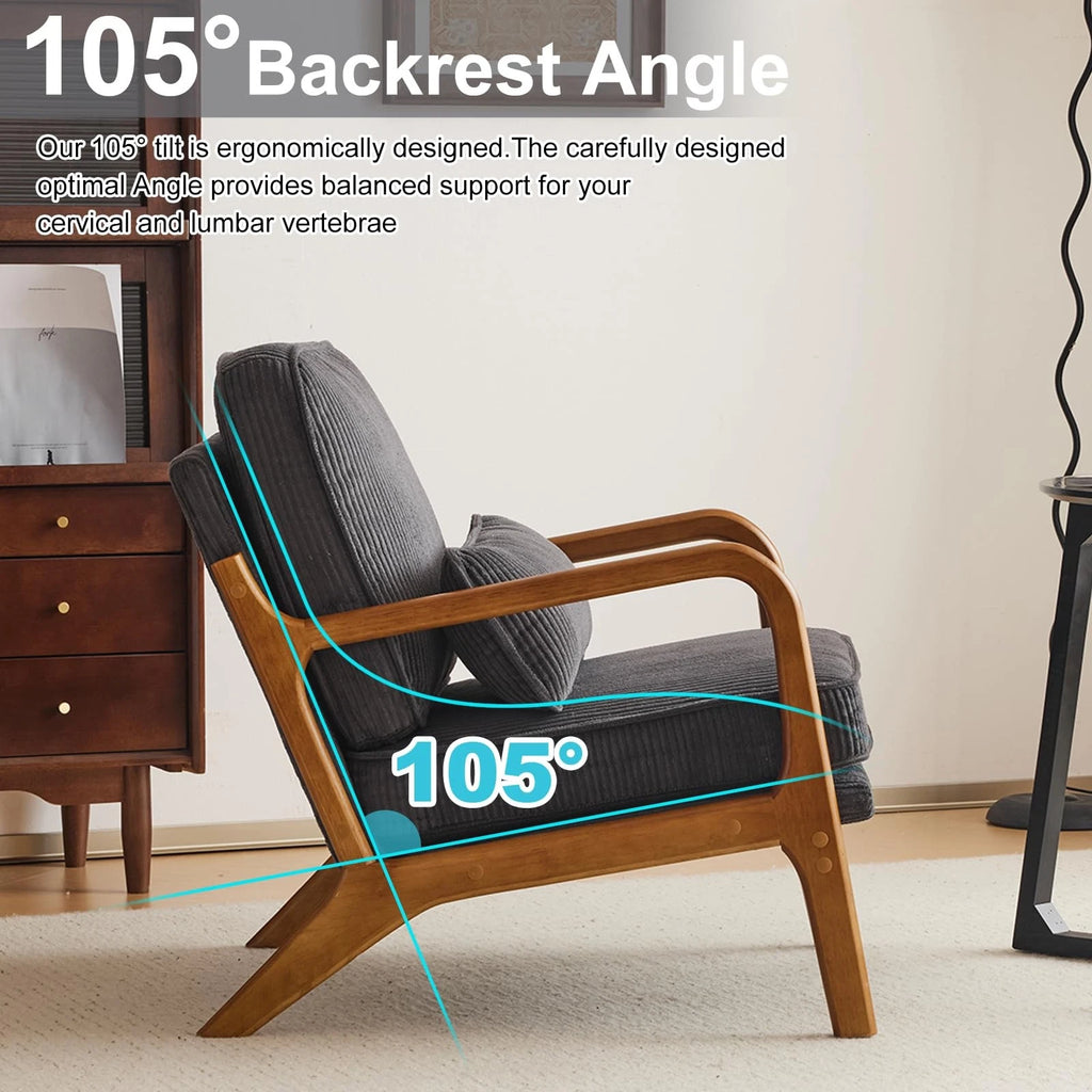 Mid-Century Modern Accent Chair – Corduroy Upholstered Lounge Chair with Curved Wood Arms, Includes Back Pillow,