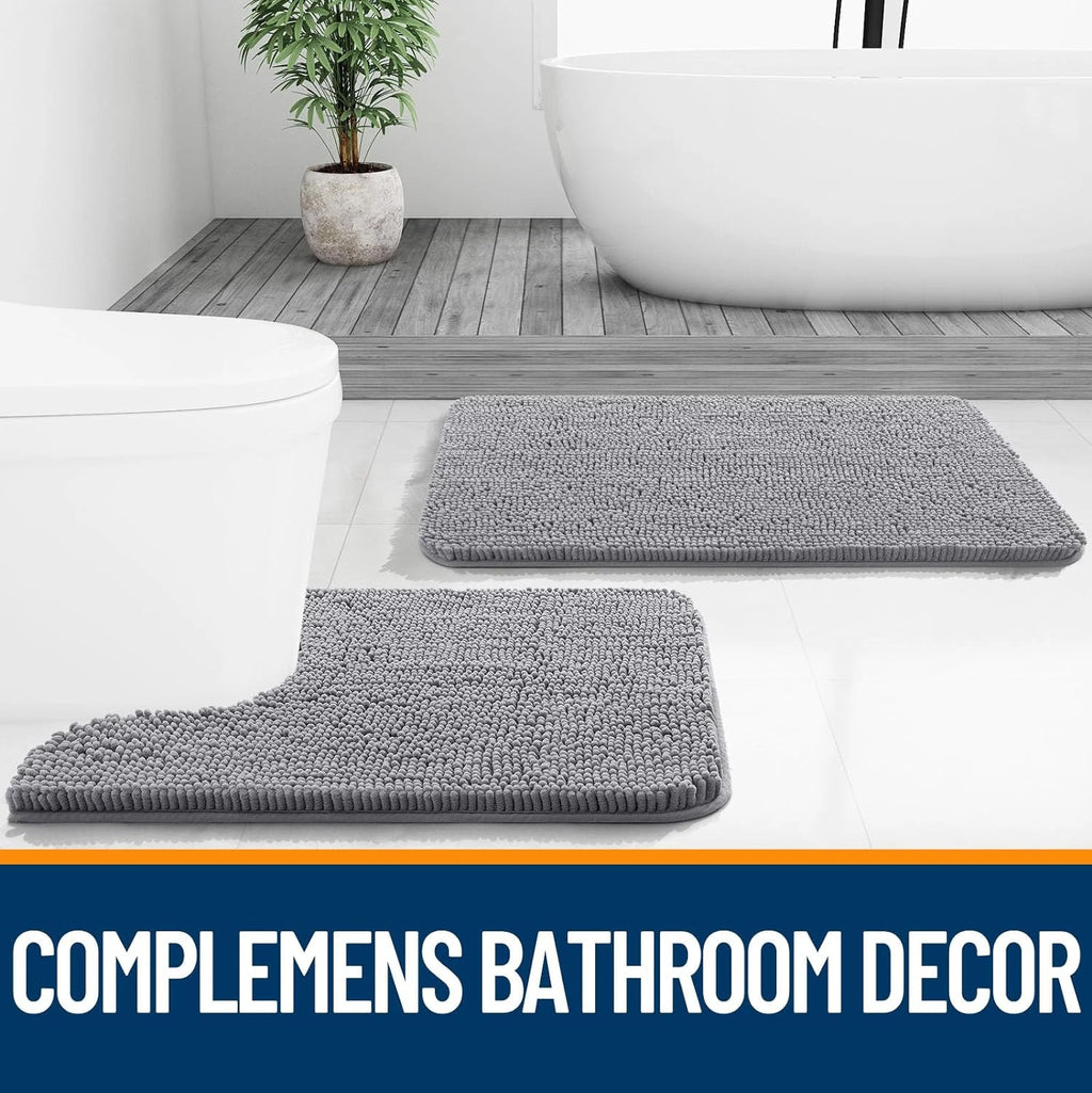 Chenille Bath Mat 30" x 20" Grey Non-Slip Absorbent Fluffy Bathroom Rug
