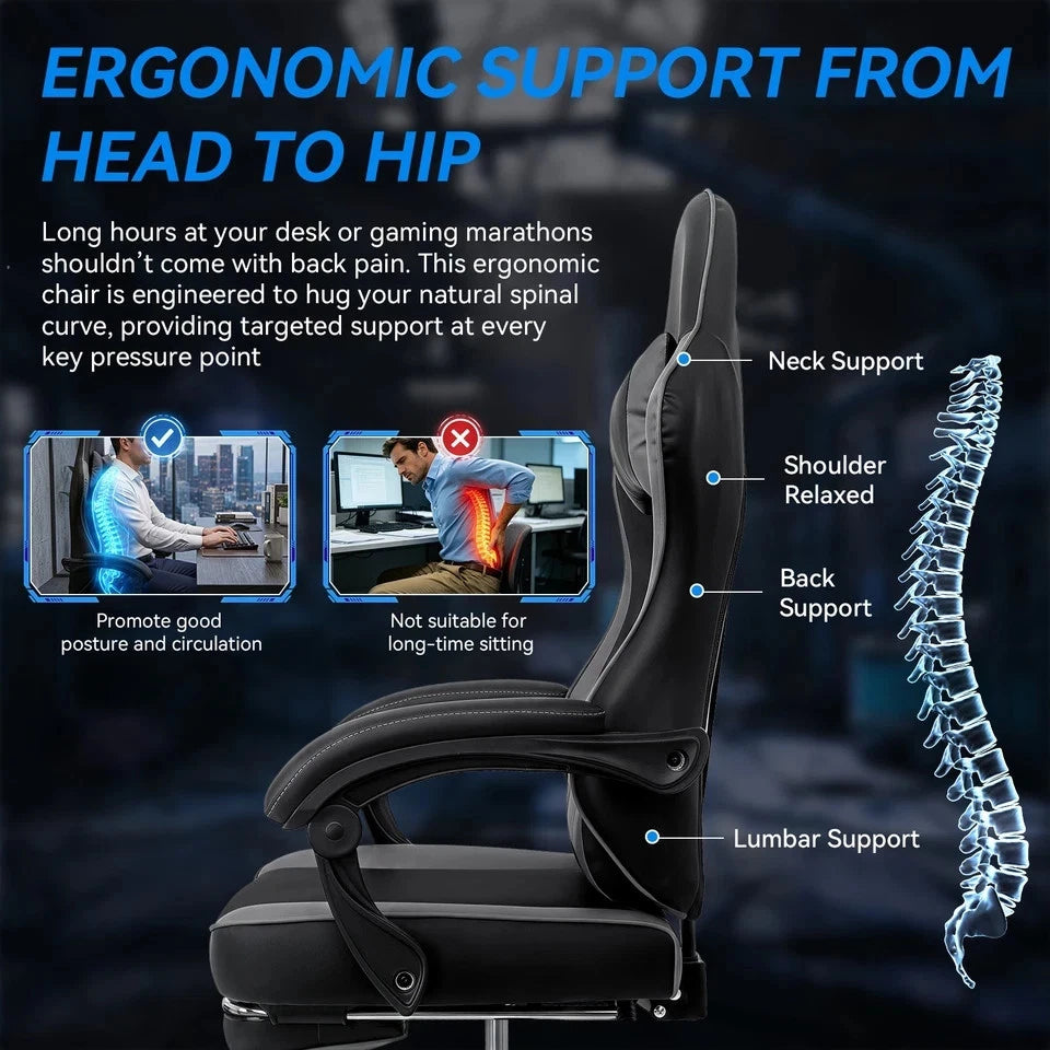 Ergonomic Gaming Office Chair, Reclining w/ Footrest, Headrest & Lumbar Pillow