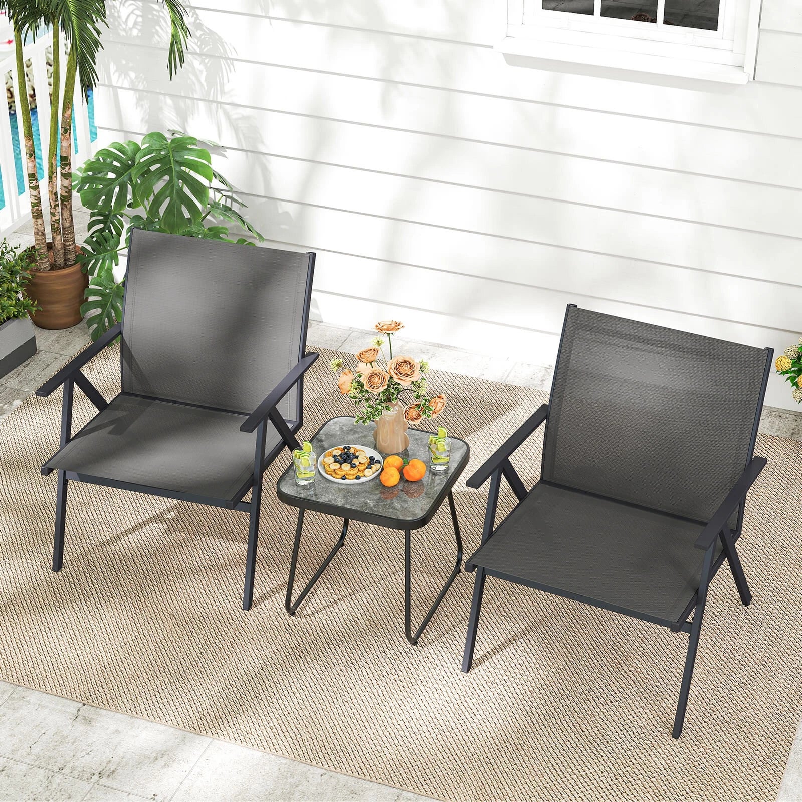 Metal Patio Chairs Set of 2 – Breathable Mesh, Reclined Backrest, Gray