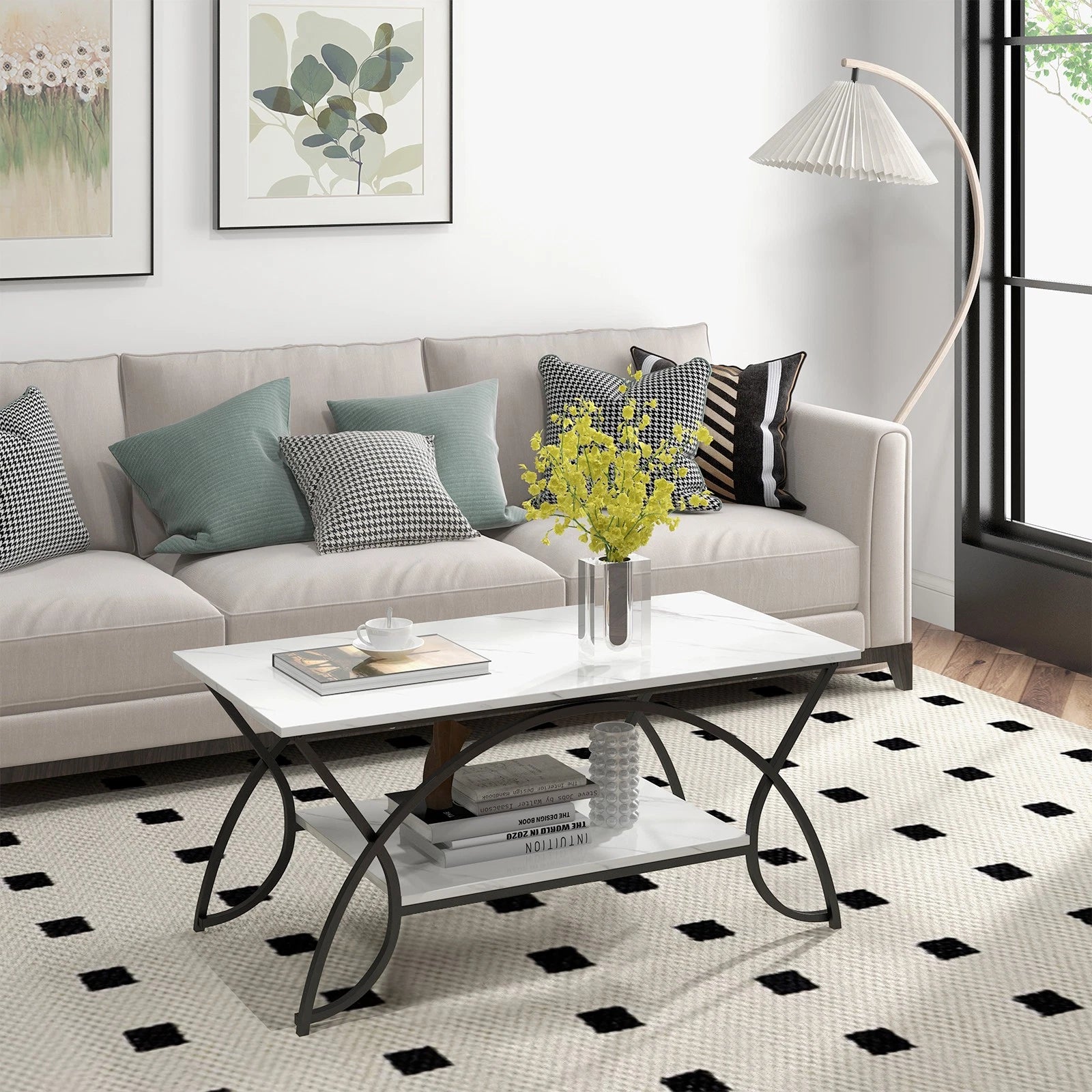 2-Tier Industrial Coffee Table – Rectangular Cocktail Table with Storage Shelf, White