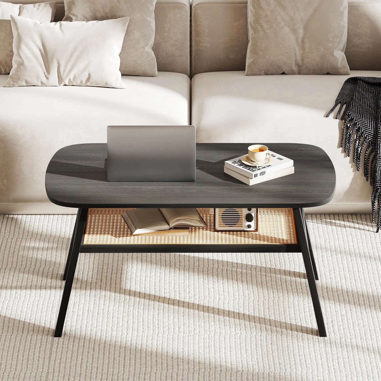 39.5" Farmhouse Coffee Table with Storage Shelf – Rattan & Wood