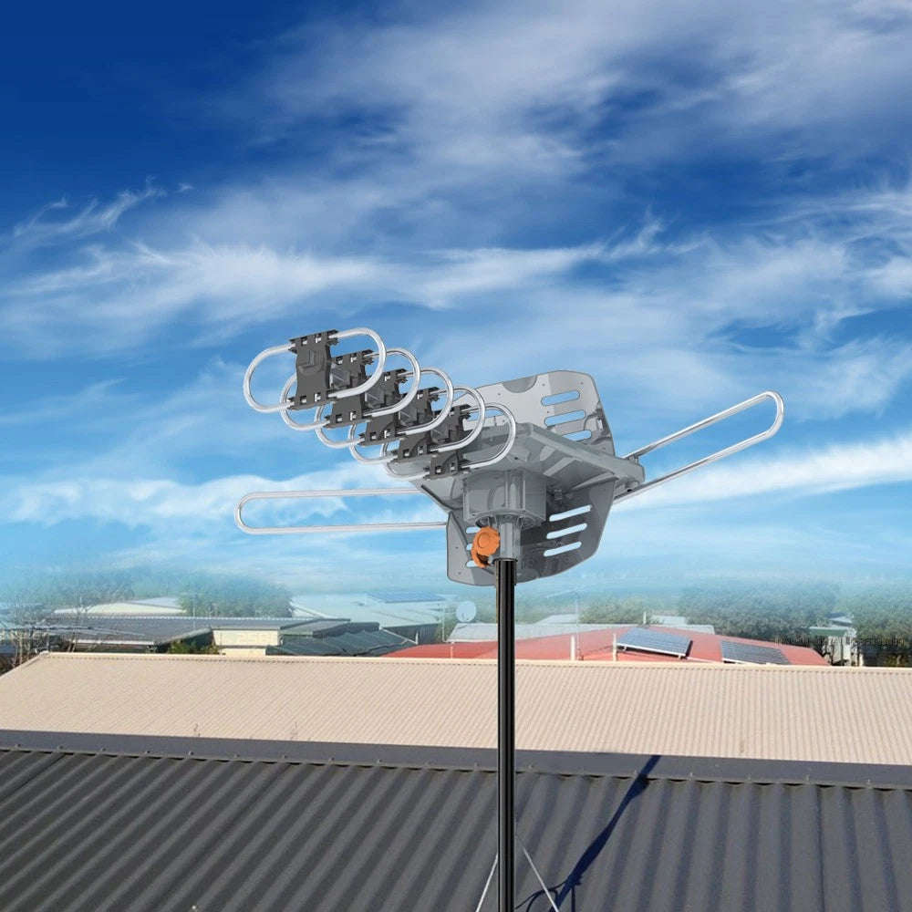 Long-Range Outdoor TV Antenna – 990 Miles, Motorized 360° Rotation, 36dB Amplifier, 4K/1080P HD, VHF/UHF/FM