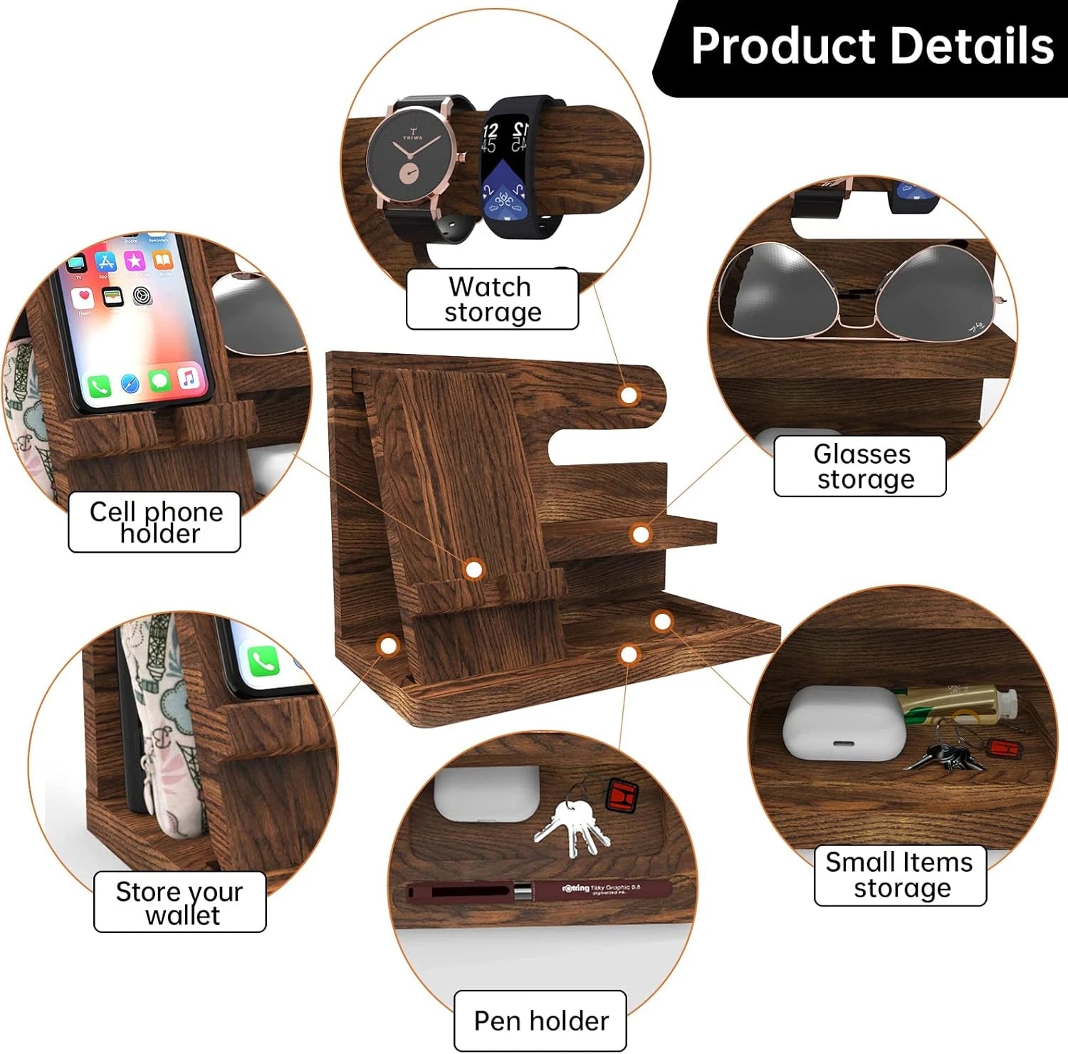 Wooden Phone Docking Station Nightstand Organizer for Men with Phone Holder, Wallet, Keys & Watch Storage, Rustic Bedside Desk Organizer