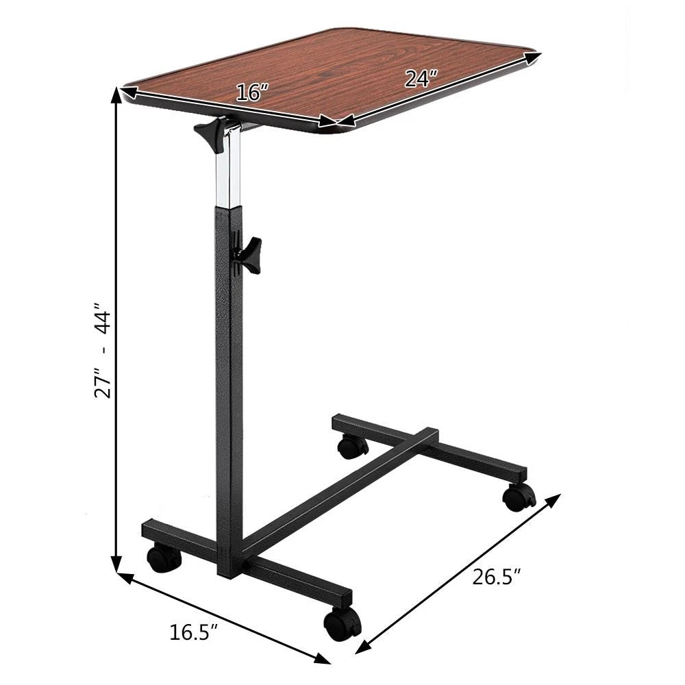 Adjustable Height Mobile Laptop Stand – Rolling Over-Bed Table with Tilting Top & Wheels, 27"-44