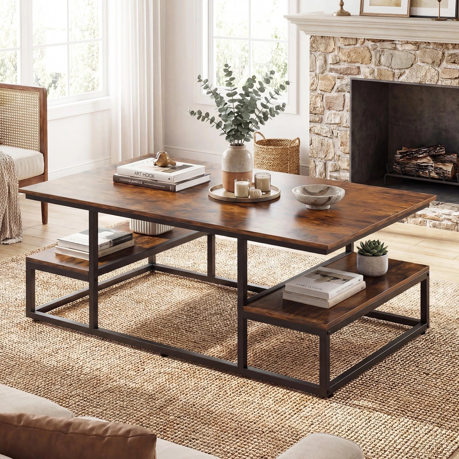 Rustic Coffee Table with Storage Shelves – Modern Rectangular Center Table