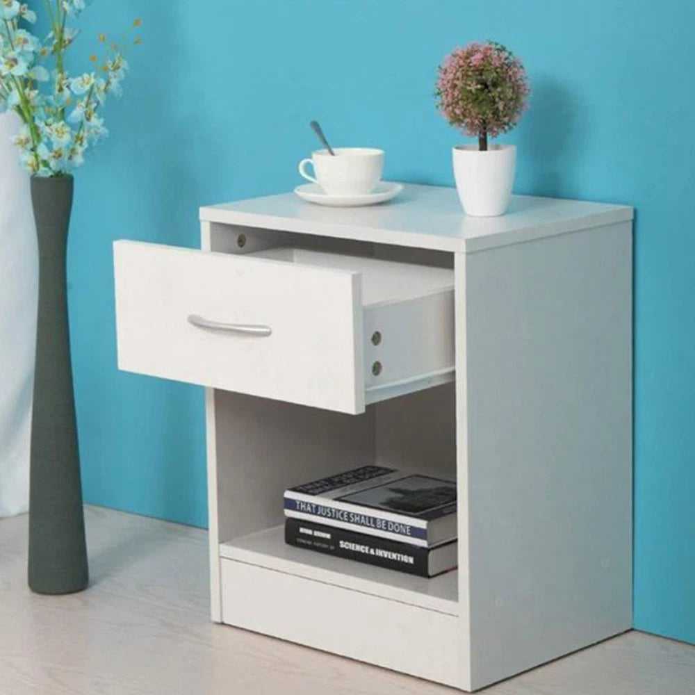 Set of 2 Modern White Nightstands – Bedside End Tables with Drawer & Open Shelf Storage