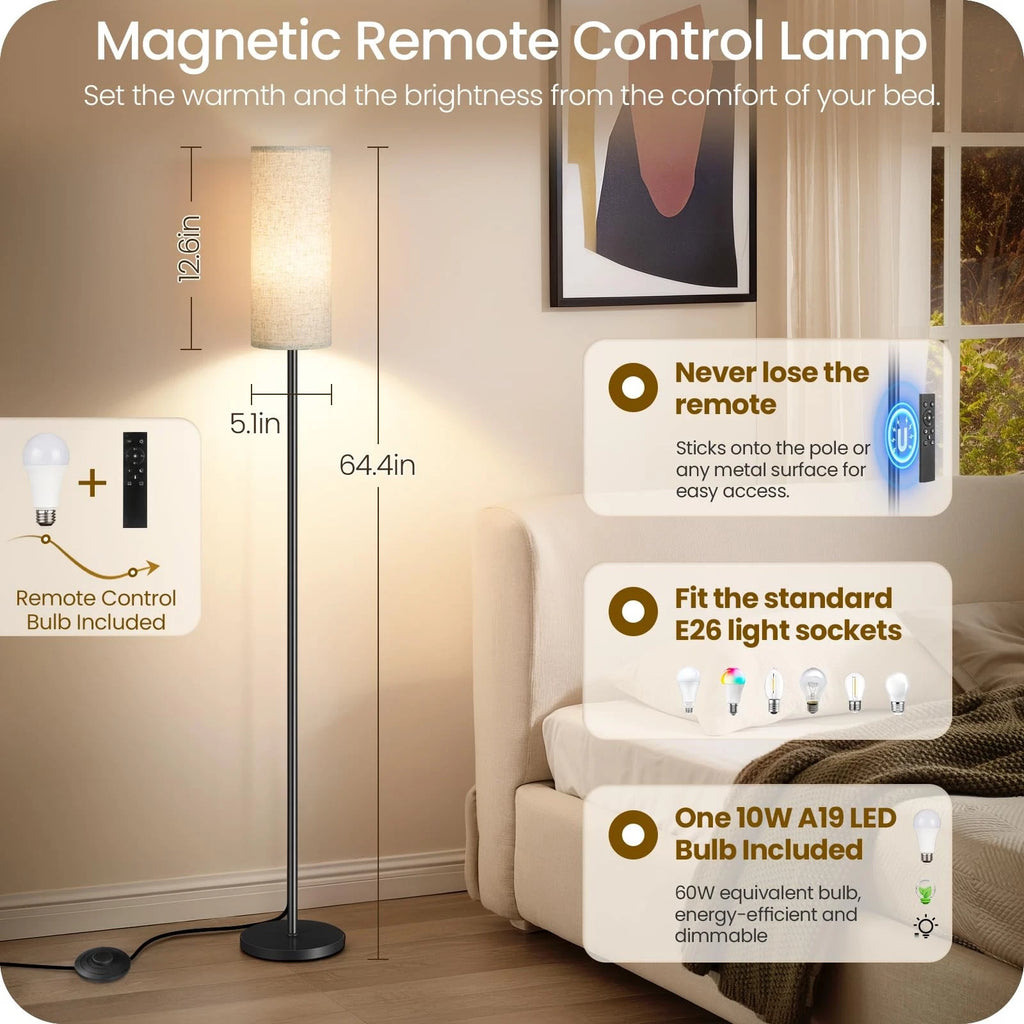 64.4" Modern LED Floor Lamp with Remote Control & Foot Switch, Dimmable Standing Floor Lamp for Living Room, Bedroom, Office, Linen Shade, E26 Bulb Included