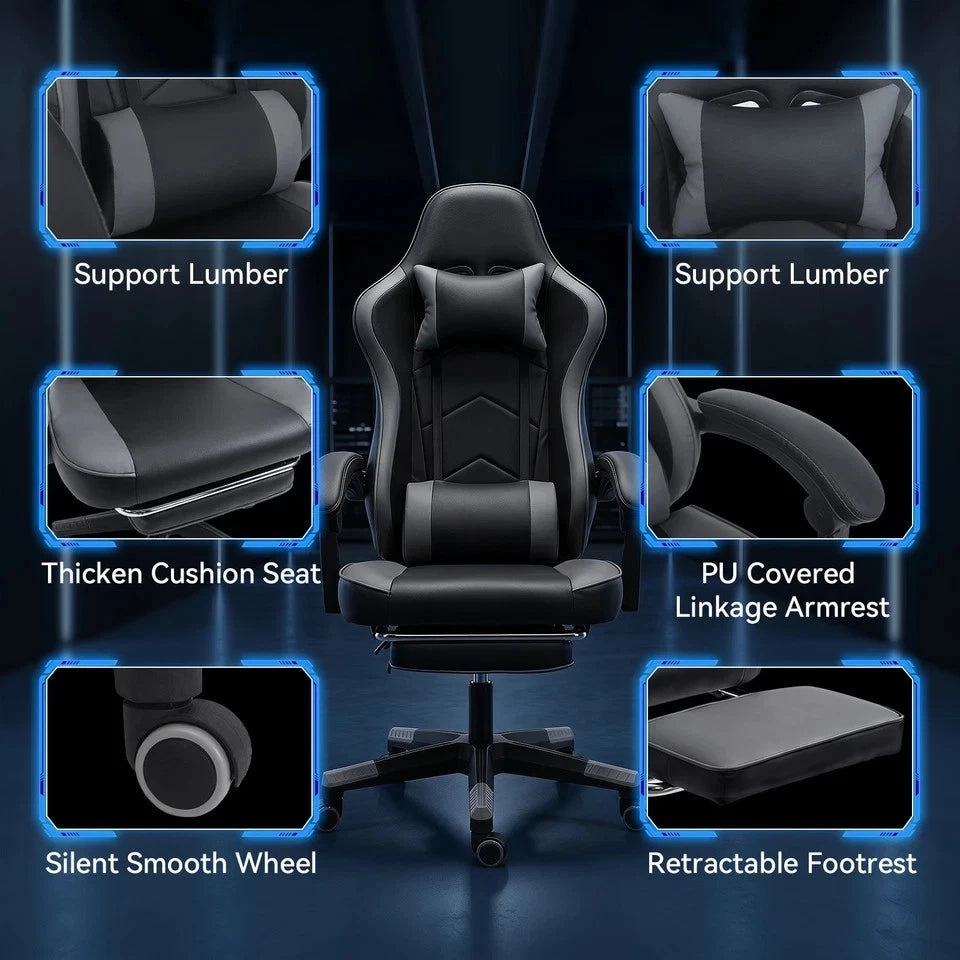 Ergonomic Gaming Office Chair, Reclining w/ Footrest, Headrest & Lumbar Pillow