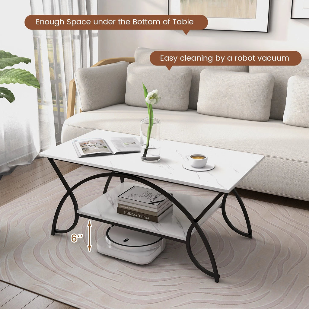 2-Tier Industrial Coffee Table – Rectangular Cocktail Table with Storage Shelf, White