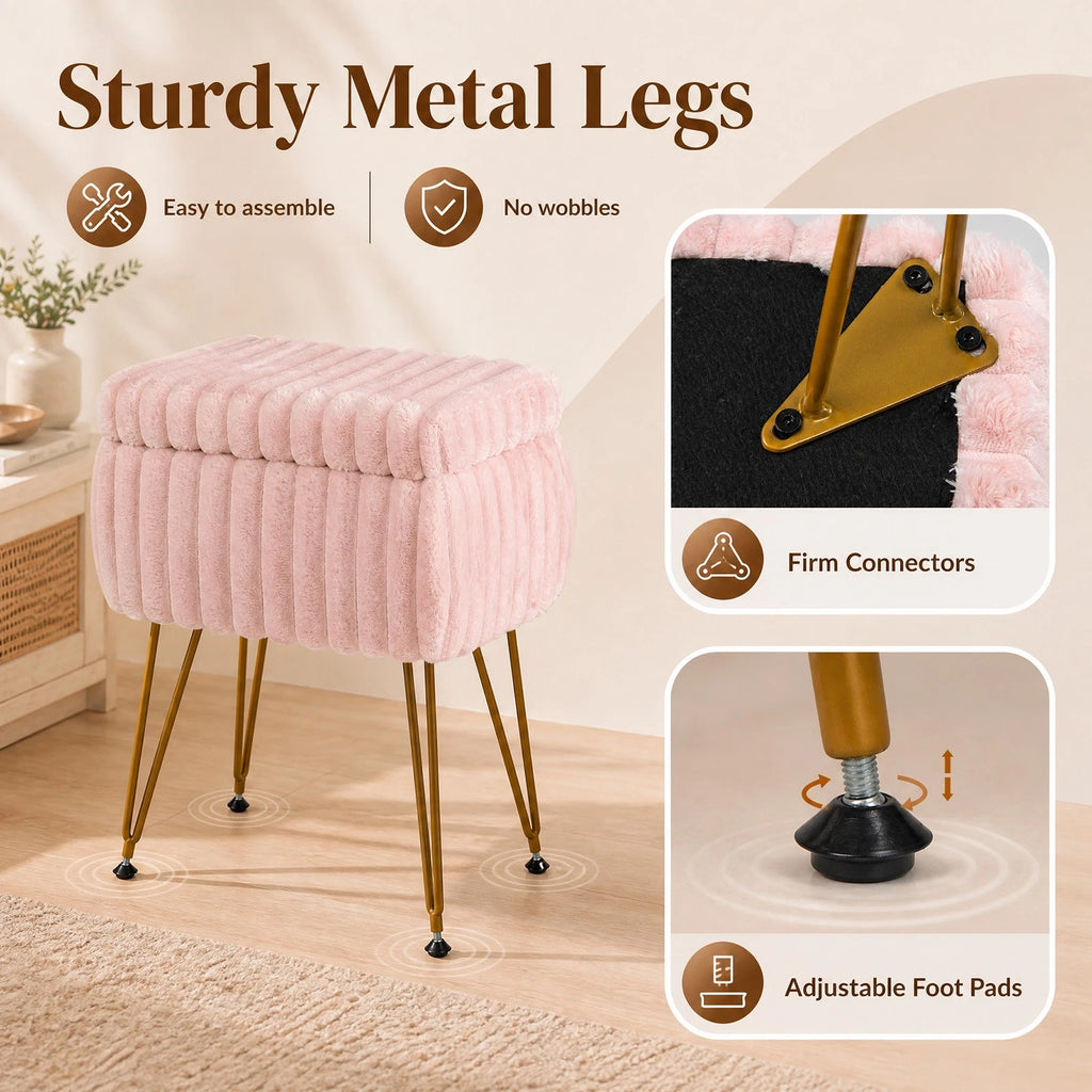 Pink & Gold Vanity Stool with Storage – Plush Seat, Reversible Lid