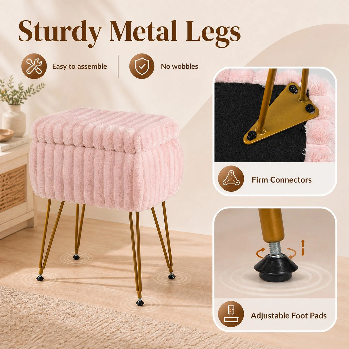 Pink & Gold Vanity Stool with Storage – Plush Seat, Reversible Lid