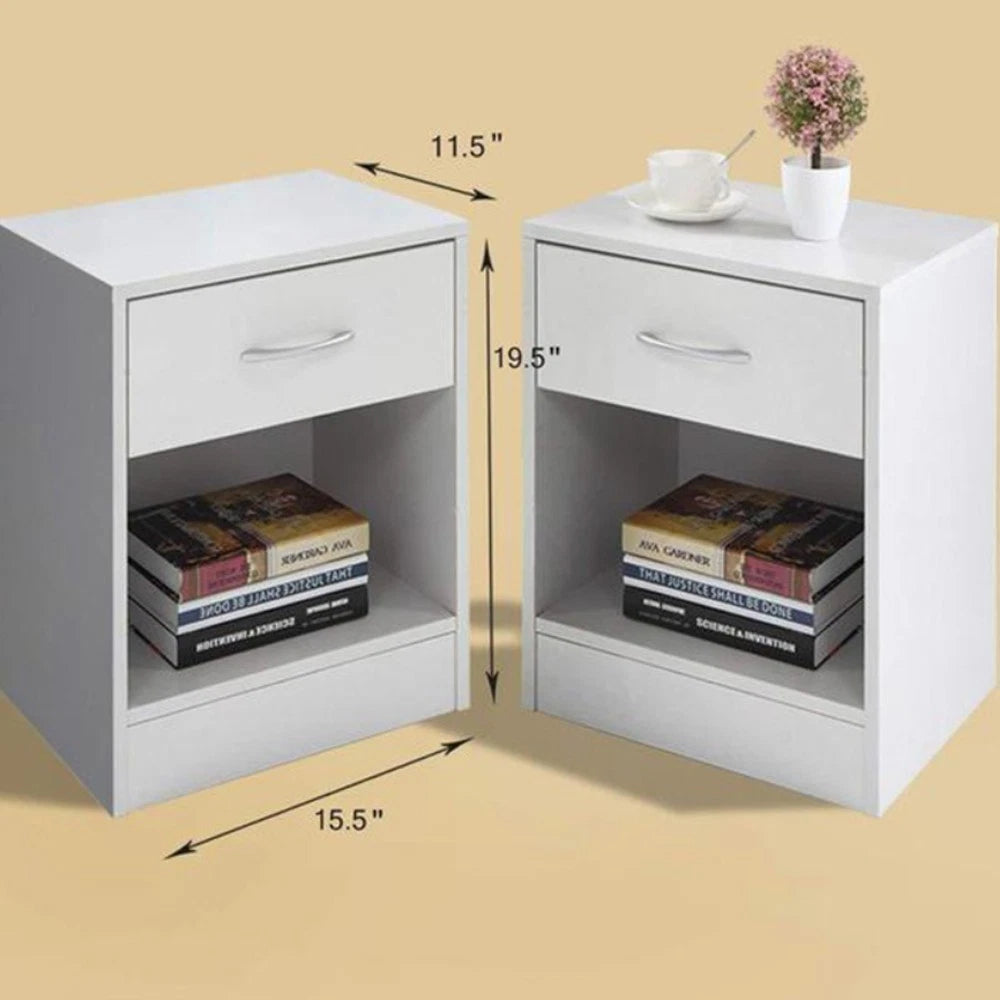Set of 2 Modern White Nightstands – Bedside End Tables with Drawer & Open Shelf Storage